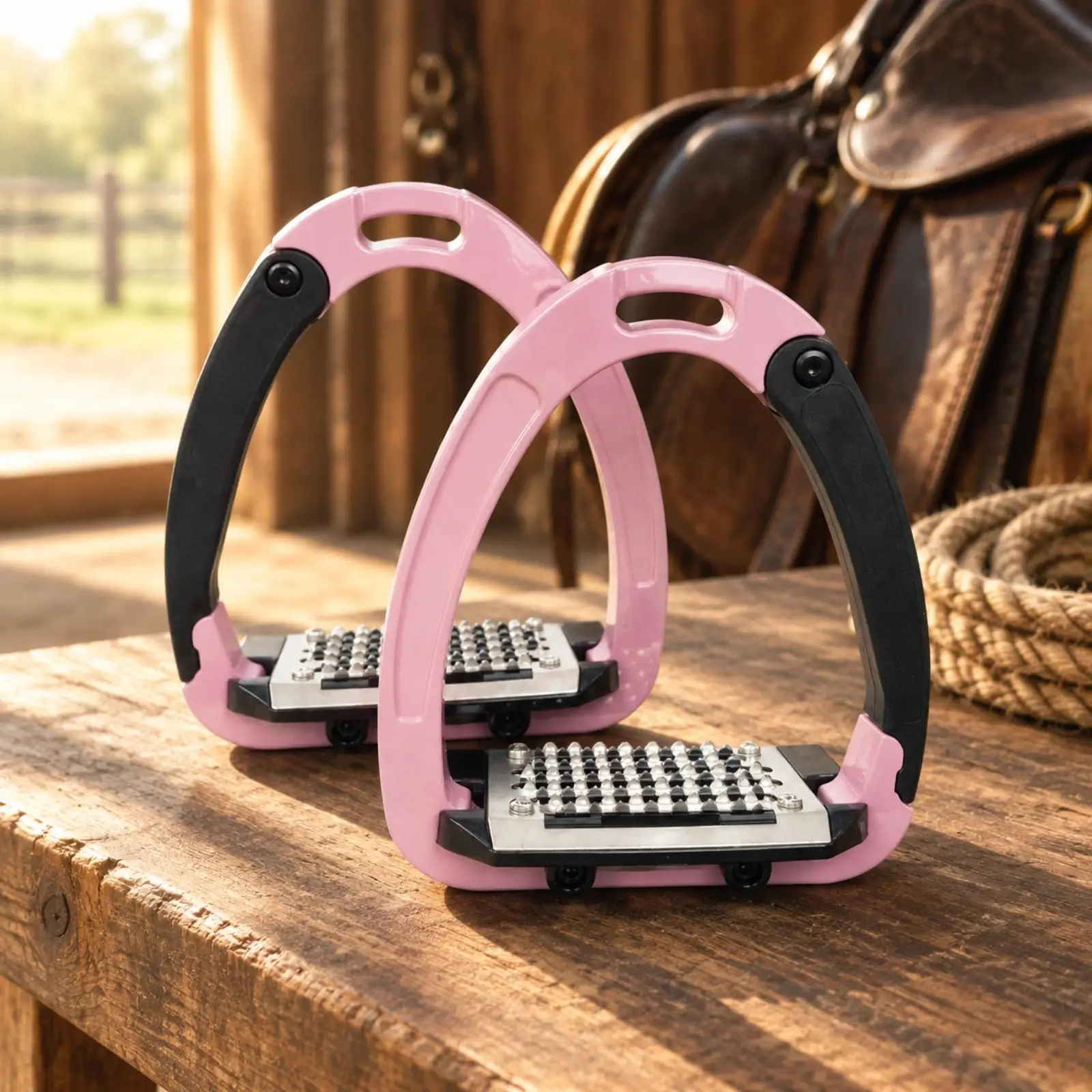 Riding Stirrups with Articulated Side Hinges for Standard Horse Tack Stable Foot Support