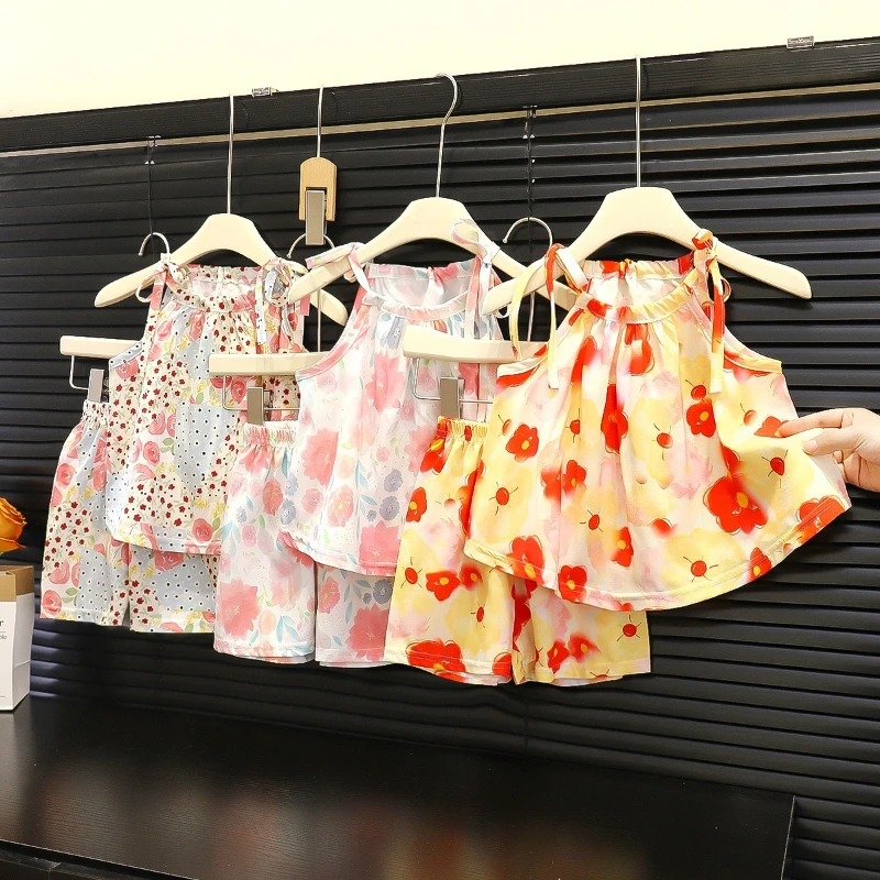 New Girls' Summer Set Stylish Children's Clothing Two Piece Set Of Sleeveless Wide Leg Pants For Little Girls