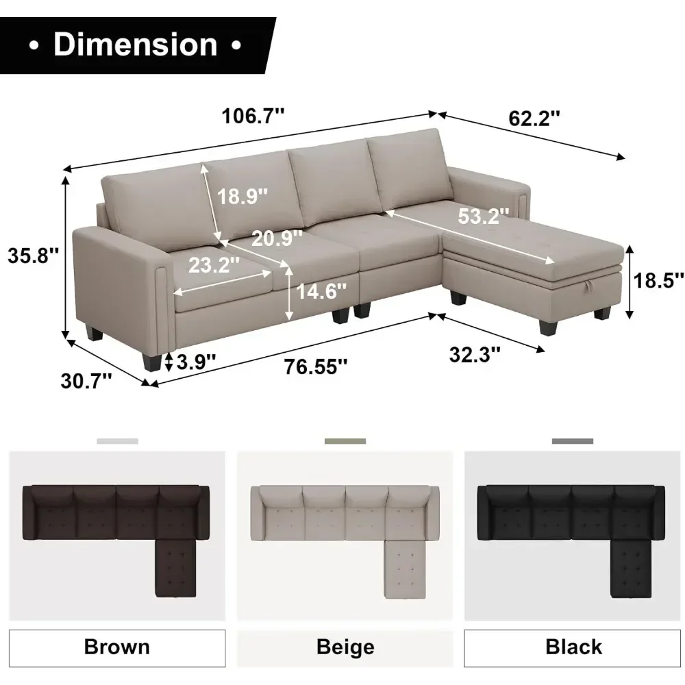 Faux Leather Convertible Sectional Sofa Couch L Shaped Couch Sofa with Reversible Chaise Leather Corner Sectional 4 Seat Sofa