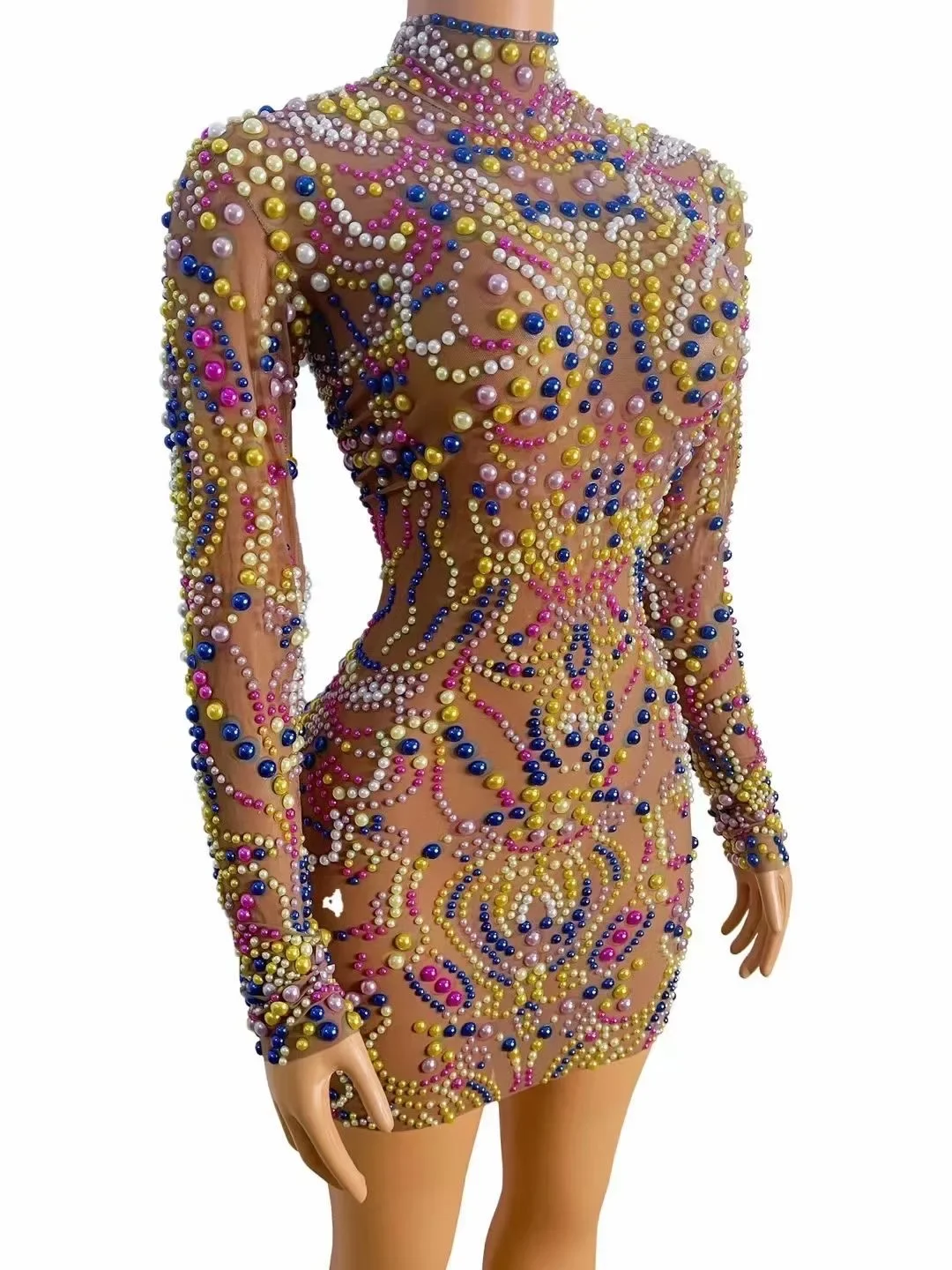 Celebrating Birthday Empress Cross dressing Stage Performance Costume Women Mesh Elastic Long Sleeve Colorful Pearl Mini Dress