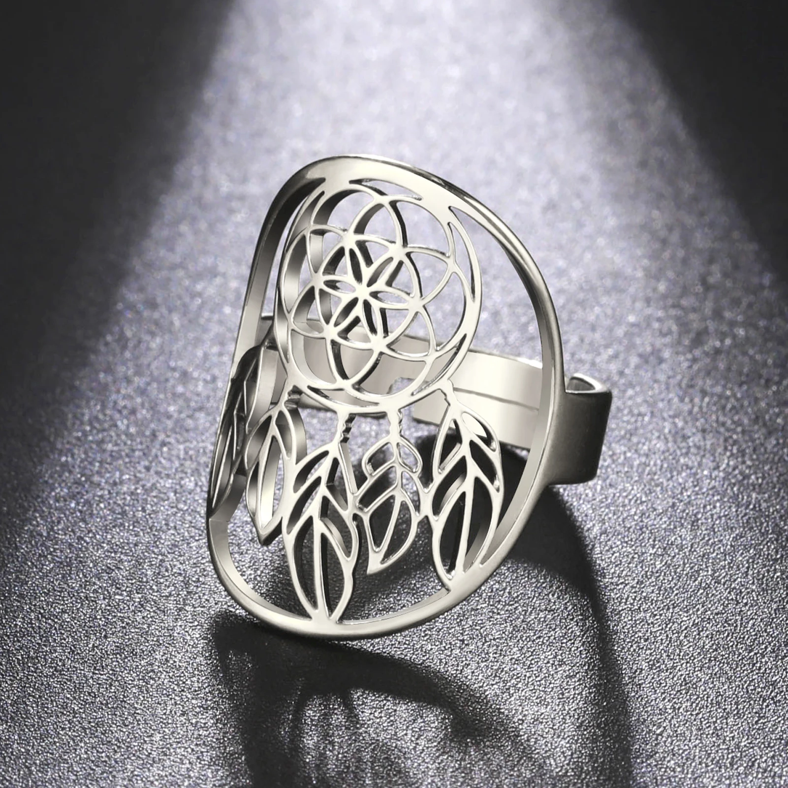 LIKGREAT New In Dreamcatcher Open Rings Stainless Steel Hollow Adjustable Finger Rings Vintage Jewelry Valentines Day Gift