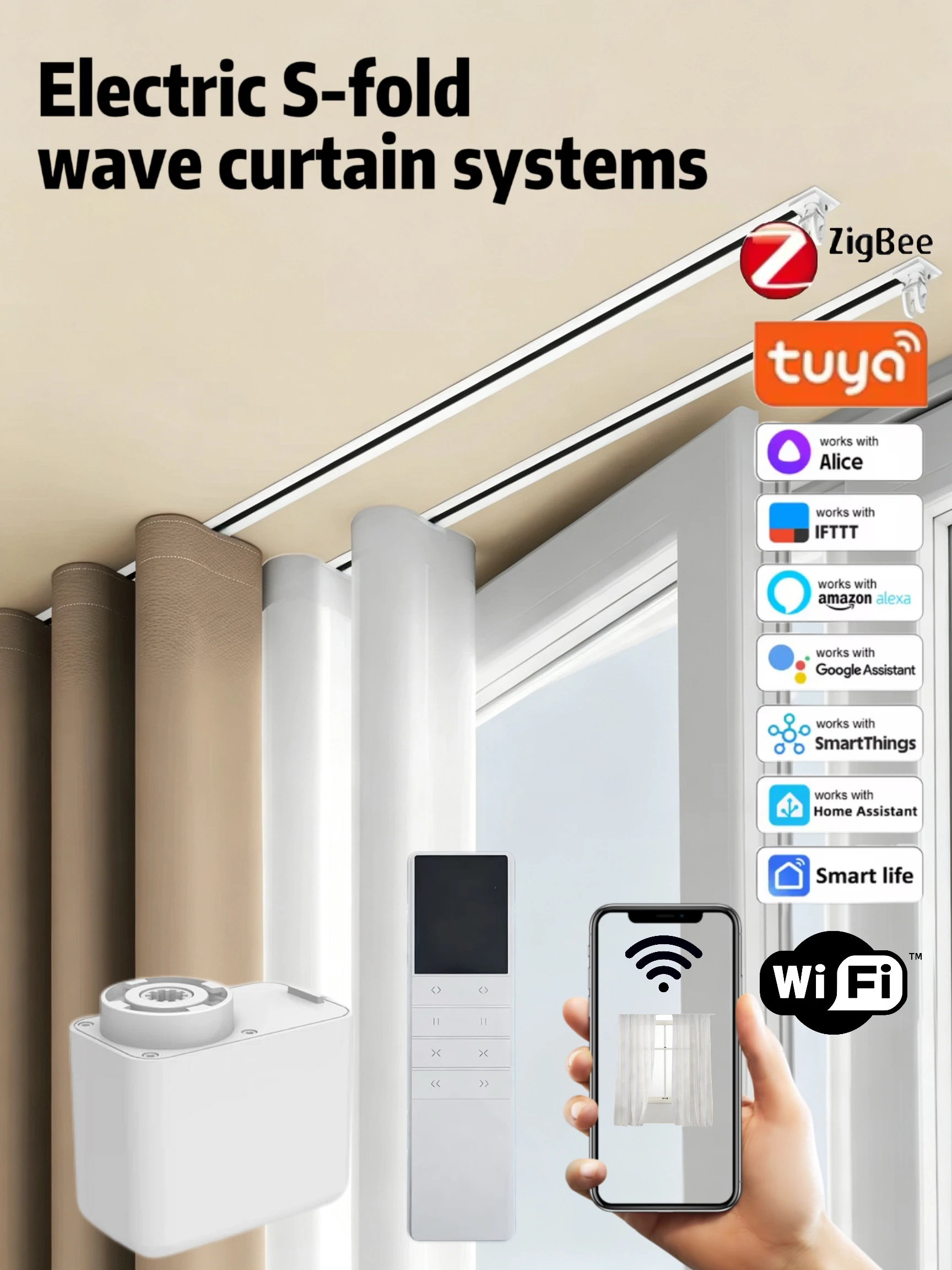 S Fold Wave Smart Curtain track systems Tuya Zigbee WiFi Mini Electric Curtain Automatic Rail Rod Support Alexa Google Assistant