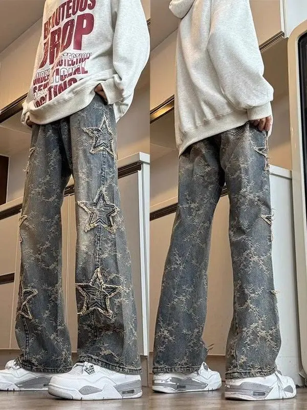 

Retro American High Street Men's Jeans Casual Loose Straight Leg Design Sense Five Pointed Star Embroidery Spring Leisure Pants