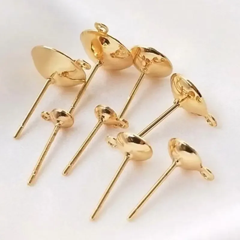 14K Gold-Color Bowl Holder Ear Pins Pasted Crystal Pearl Cup Needle Studs DIY Ear Pendant Accessories E025