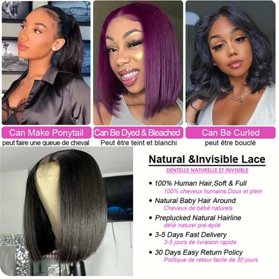 Glueless Straight BOB Lace Front Wig Human Hair Straight 180% Density 13x4 Lace Closure Wigs bob hair Ready To Go wig For Women