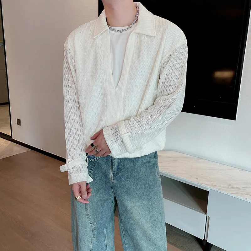 

Autumn Men's Loose Knitted Long Sleeve Hollow out Shirt Casual Versatile Breathable Polyester Fabric Youthful Style Polyester...