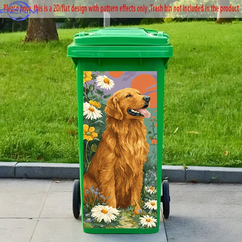 2D Flat Printing 1pc 2D Pattern Printed Kitchen Trash Can Sticker xcm Golden Retriever Playing with Flowers Themed Kitchen Hom