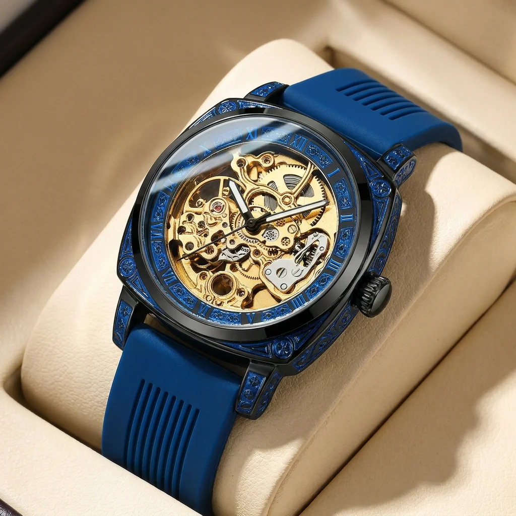1pcs Men's gold dial silicone strap vintage fashion skeleton gear luxury details Mechanical Watch for daily business party holid