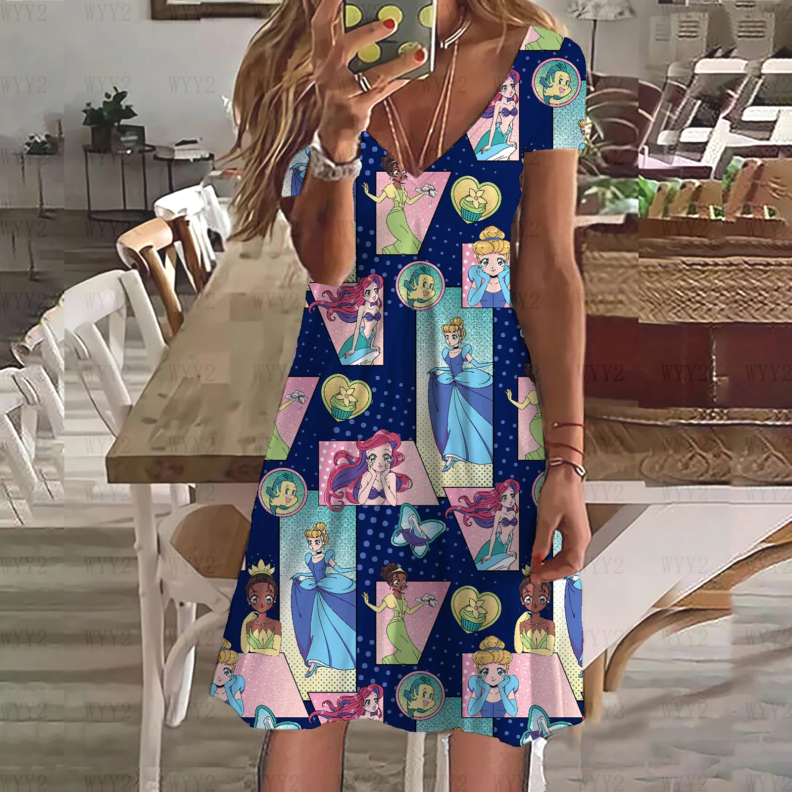 

Новое модное платье с мультяшным принтом Диснея, подарок, женская одежда, летнее женское повседневное свободное платье в пляжном стиле с v-образным вырезом