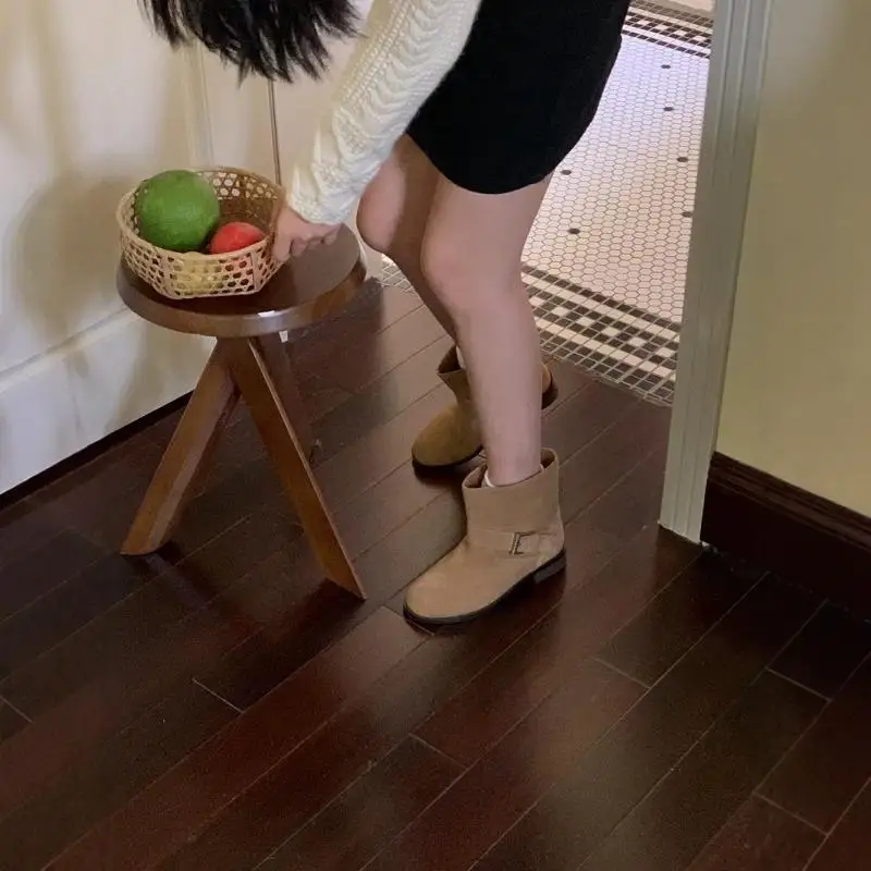 

Корейские ботильоны без шнуровки на низком каблуке с круглым носком, осень-зима, новые универсальные широкие ботинки из натуральной кожи...