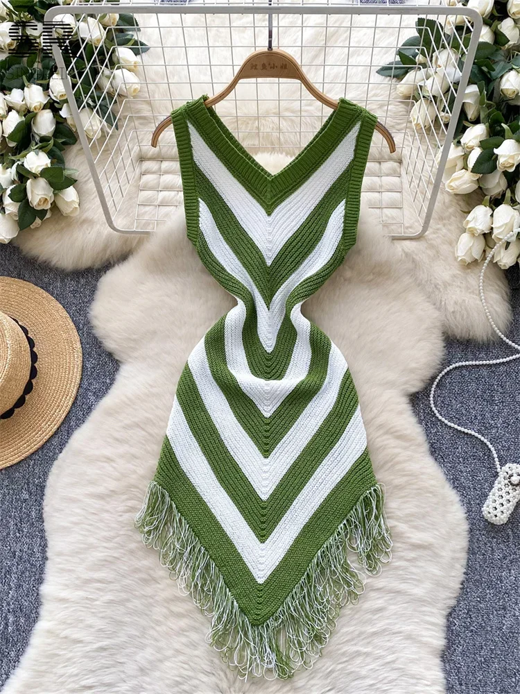 

Summer Argyle Pattern Knitted Dress Sleeveless 2025 Fashion Irregular Woman Vintage Multicolor Tassel Vacation Dresses