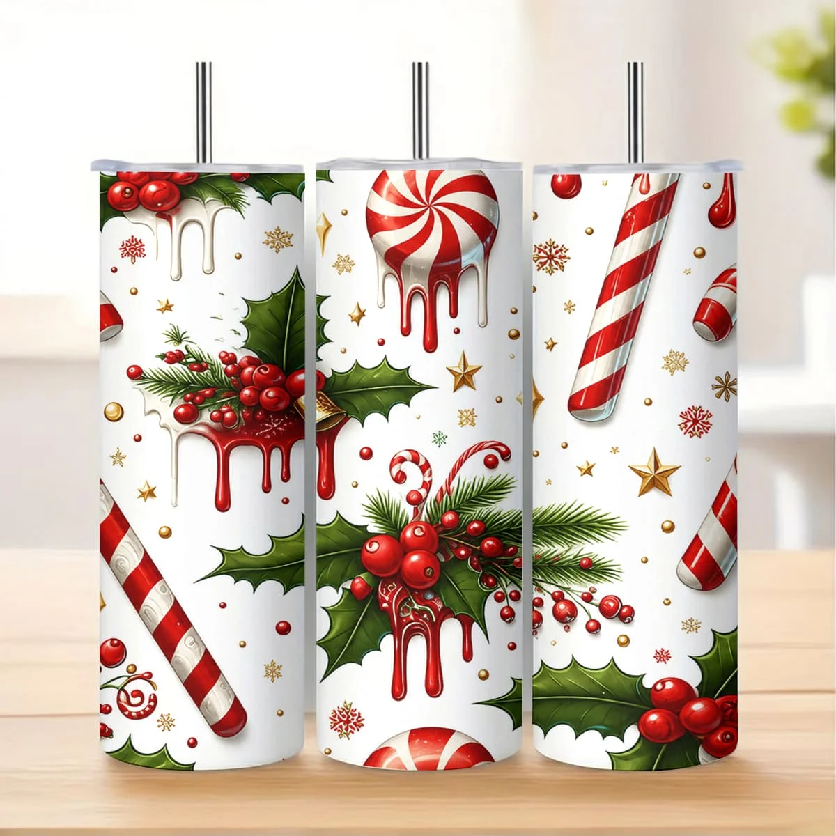 1pc 20Oz Christmas Candy Cane And Holly Berry Pattern Stainless Steel Insulated Tumbler Coffee Office Travel Mug with Lid Cup Daily Use Leakproof And Bpa Free Keep Drink Hot And Cold Ideal Gift for Family Friends Colleagues During Holiday Season