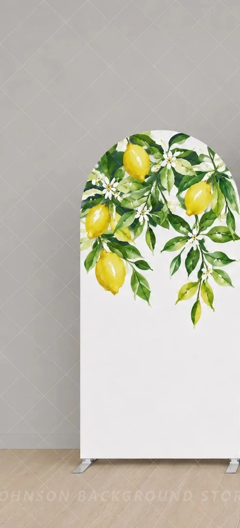 Lemon Bridal Shower Arch Backdrop Cover Bride To Be Blue Mediterranean Tile Lemon Floral flower Three Wedding Party Background