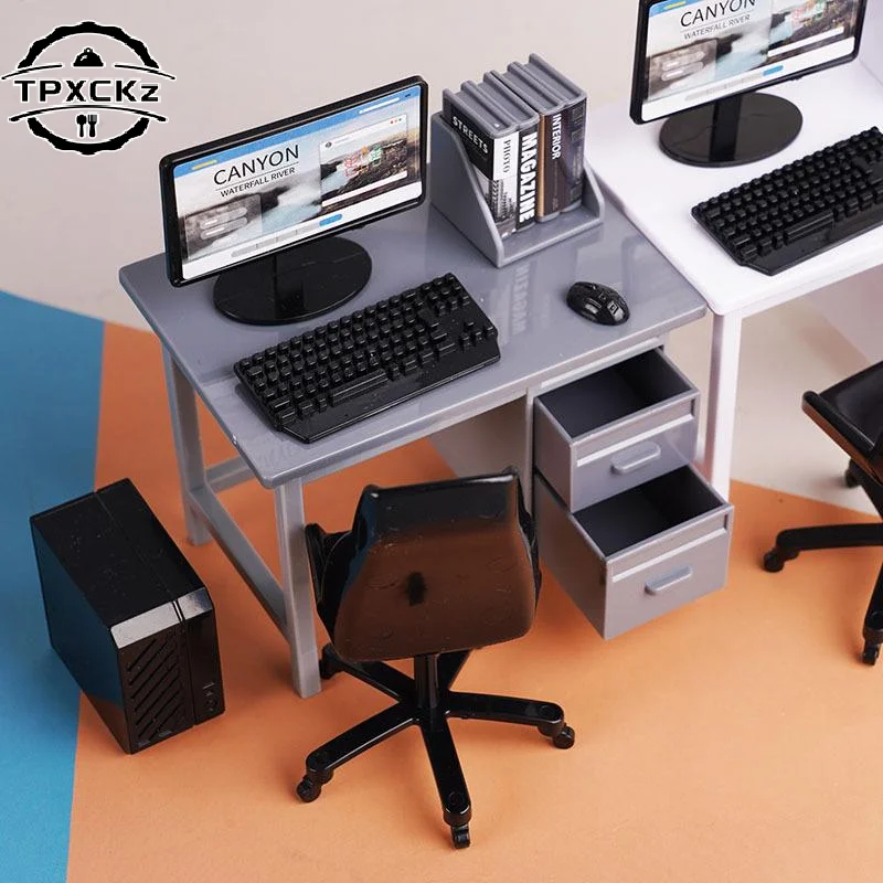1set 1:12Scale Dollhouse Miniature Simulation Computer Keyboard Desk Chair Kit Home Study Room Furniture Decor Micro Scene Props