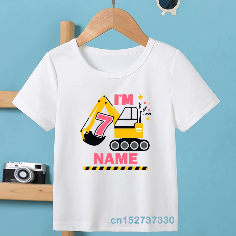 Kids Cartoon Excavator 1-9 Birthday Number Print T Shirt Children Birthday Name T-shirts Boy&Girl Funny Gift Tshirt Present