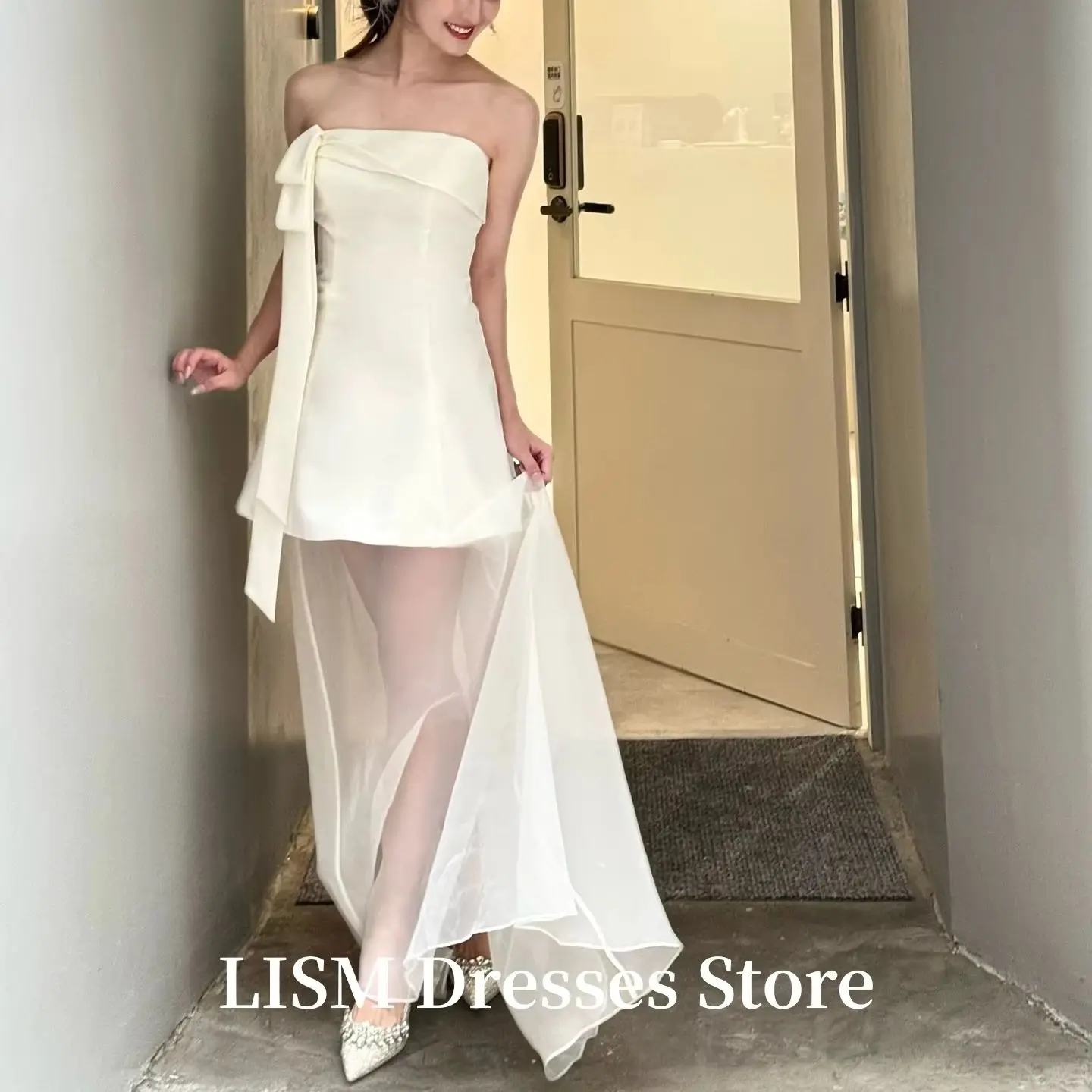 

LISM Strapless Simple A-Line Korea Wedding Dresses Photo Shoot Silk Satin Tulle Bridal Gowns웨딩드레스Customized Corsets