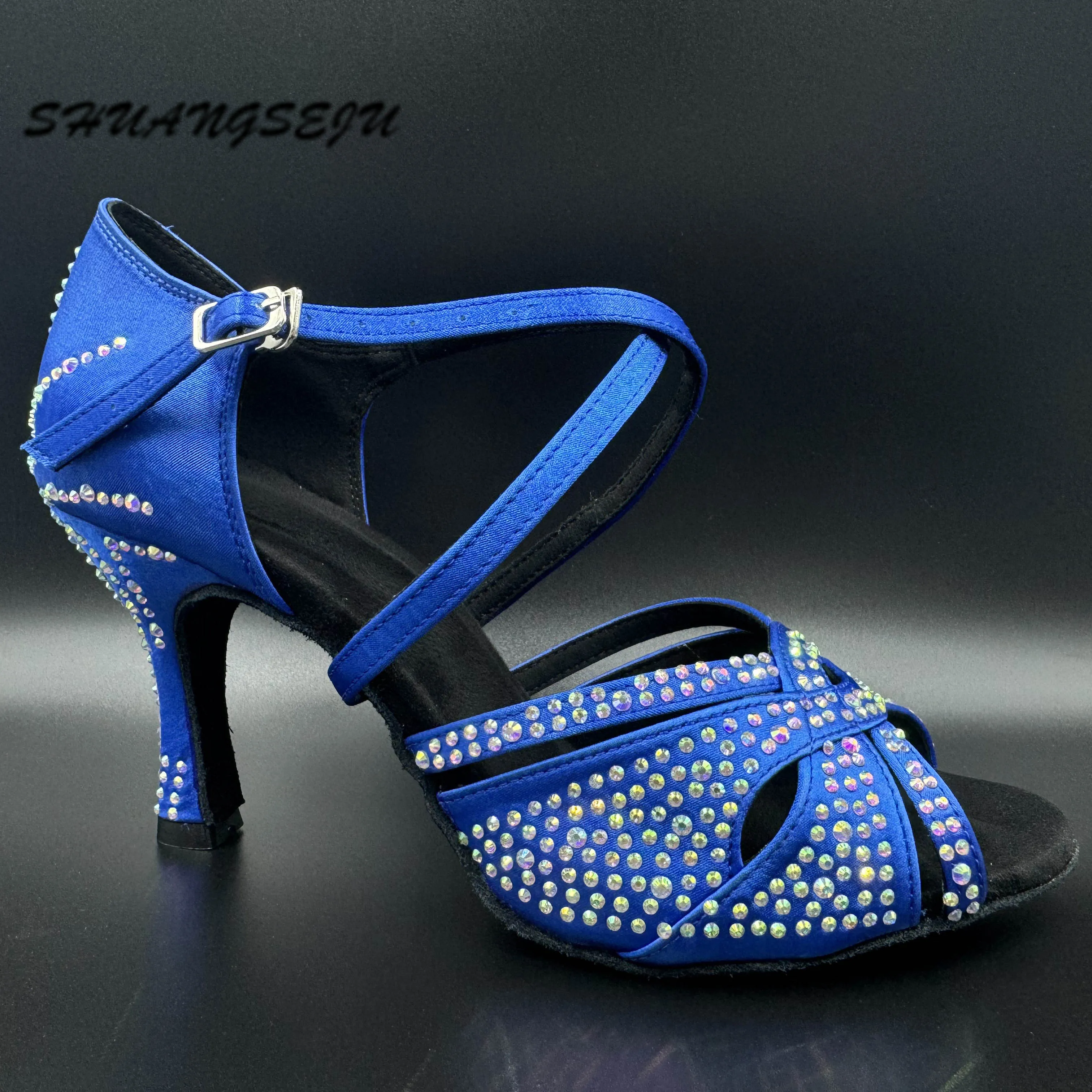 SHUANGSEJU New royal blue satin Latin dance shoes professional ballroom salsa bachata soft-soled dance shoes with mid-high heel view 4