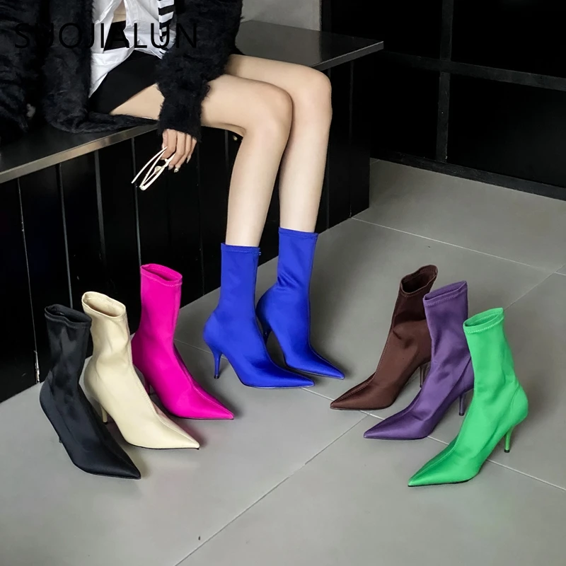 SUOJIALUN Brand Women Ankle Boots Fashion Candy Color Ladies Sexy Elegant Short Boots Thin High Heel Stretch Cloth Chelsea