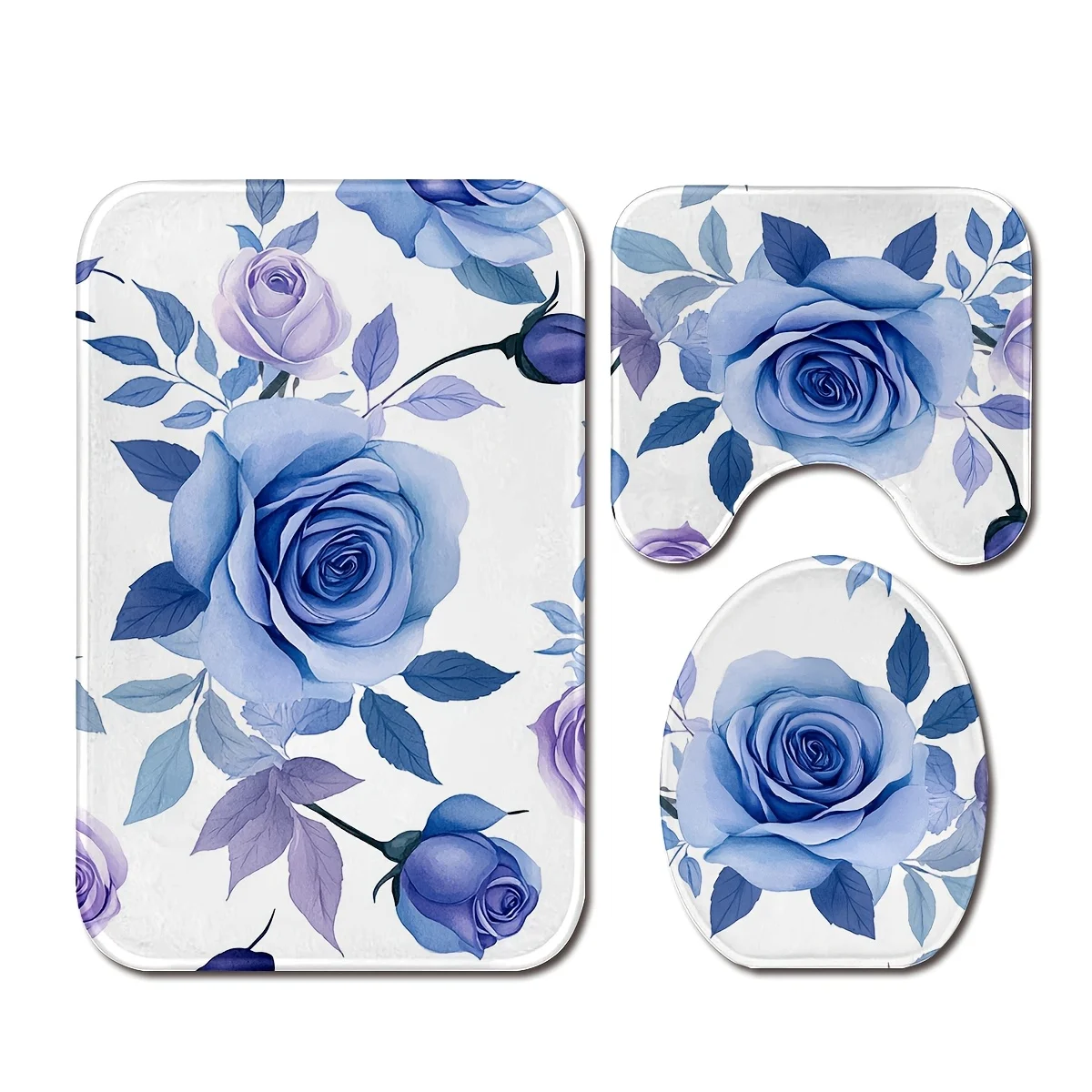 

Набор из 3 предметов, декоративная полиэфирная ткань для ванной комнаты с синей розой, нескользящий коврик, который можно стирать в машине, U-образный коврик, коврик для чехла на сиденье унитаза