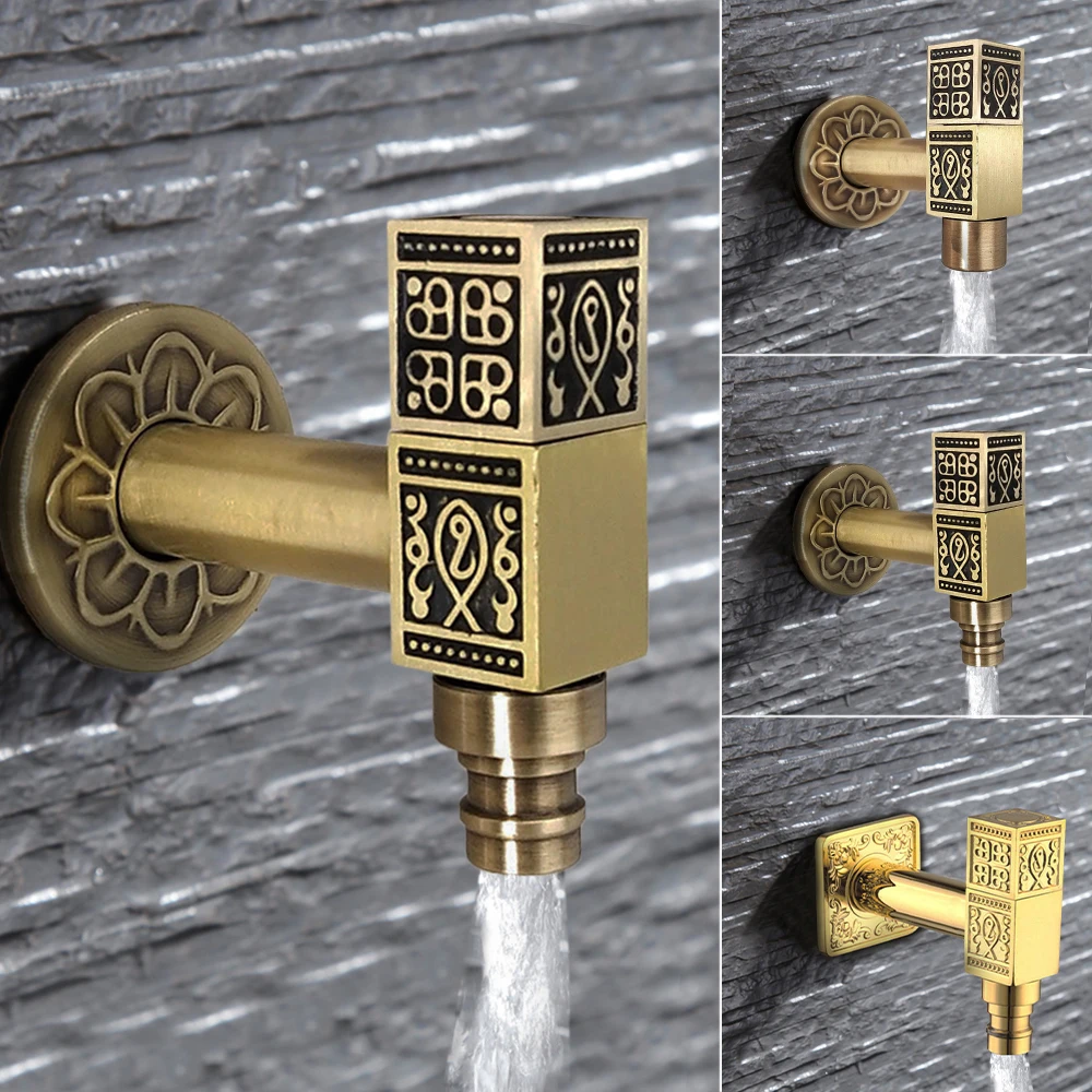 

Gold Wall Mounted Faucet Retro Carved Brass Bibcock Faucet Single Cold Tap Luxury Decorations For Outdoor Garden Bathroom Kits