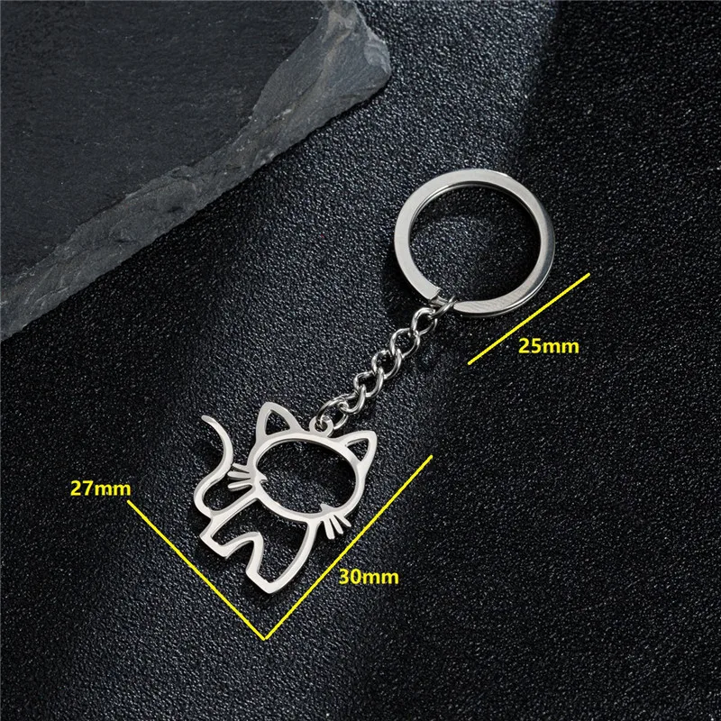 Cute Happy Kittens Keychain Stainless Steel Animal Key Chain Creative Cat Pendant for Women Car Keyring Purse Bag Accessories