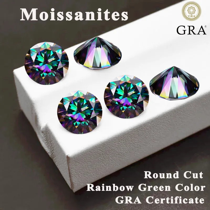 Moissanite Stone Gemstone Round Cut Rainbow green Color VVS1 for Jewelry Making Eight Hearts and Eight Arrows GRA Certificate