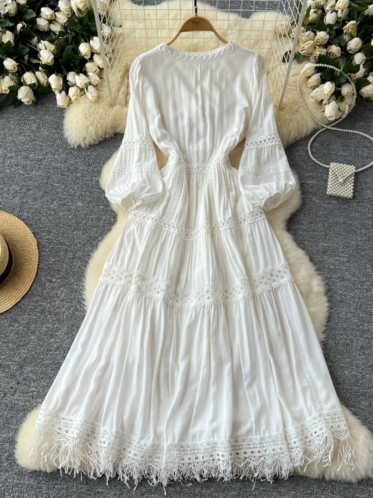 Summer Autumn V Neck Hollow Out Tassels Embroidery White Evening Bridesmaids Dress Women Lantern Long Sleeve Midi Vestidos Party