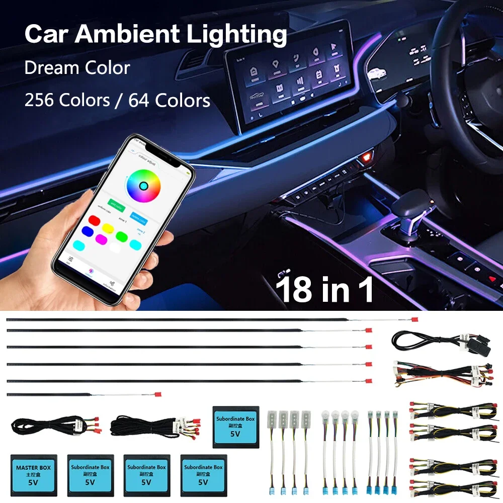 

18 In 1 Full Color Streamer Car Ambient Lights Kit Wireless APP Control RGB 256 Dream Colors and 55 Preset Modes Atmosphere Lamp