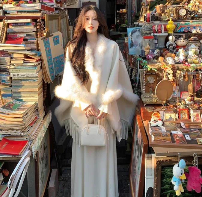 Imitare cashmere Autunno Inverno Poncho Cappotto avvolgente con nappe per donna Mantello caldo morbido per atmosfera fotografica P2