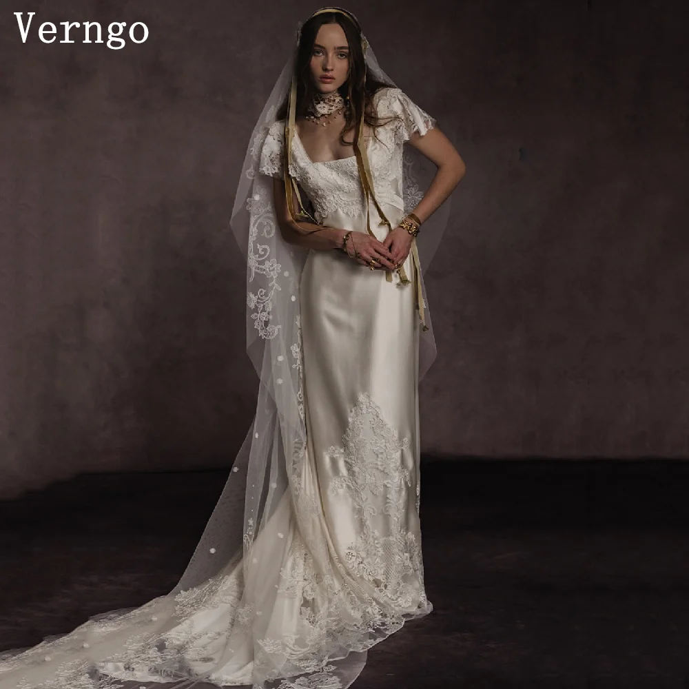 Verngo Luxury Satin Wedding Dress Square Collar A Line Short Sleeves Bridal Gowns Women Elegant Wedding Dress Customized
