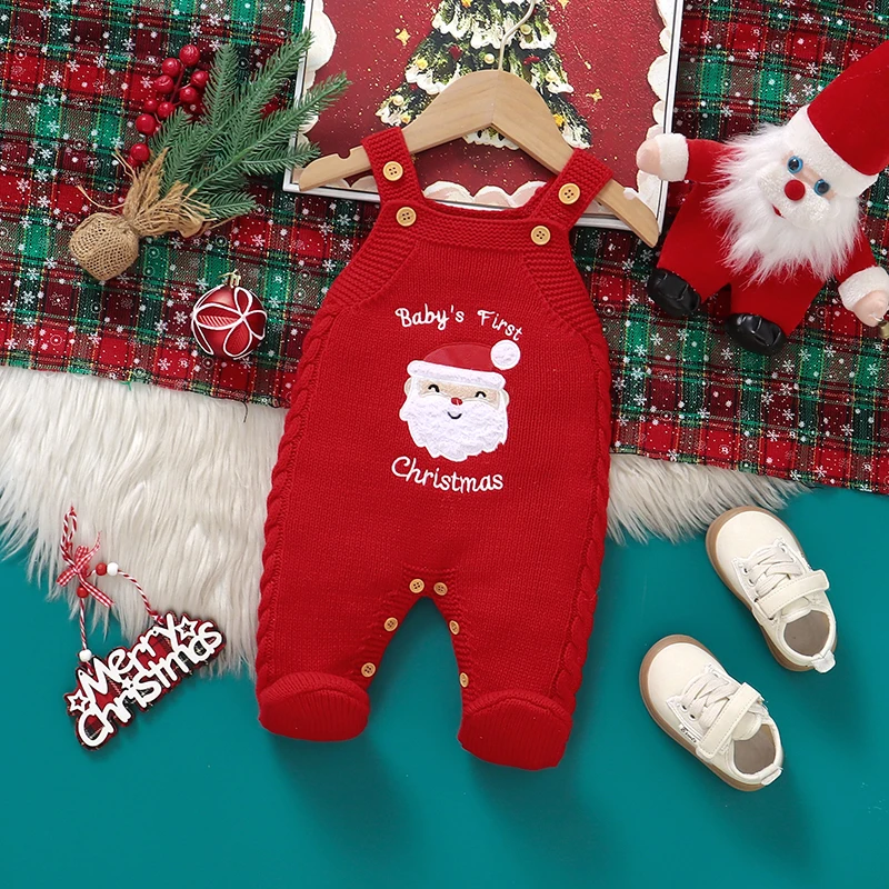 Christmas Baby Rompers Knit Cute Cartoon Santa Claus Newborn Girl Boy Jumpsuit Sleeveless Infant Kid Sling Clothes 0-9M Overalls