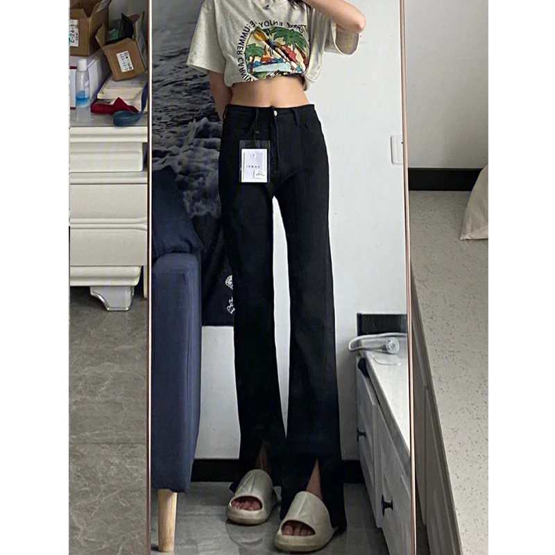 กางเกงยีนส์ทรงตรงเอวสูงสำหรับผู้หญิง ฤดูใบไม้ผลิ ทรงสลิม ชิค กางเกงขายาวแฟชั่น ไซส์พลัส