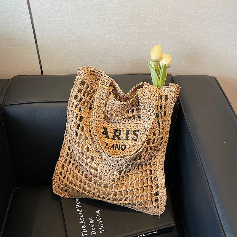 

French Hollow Woven Shoulder Bag Summer Straw Woven Tote Bag Letter Embroidered Handbag Versatile Underarm Bag With Inner Pocket