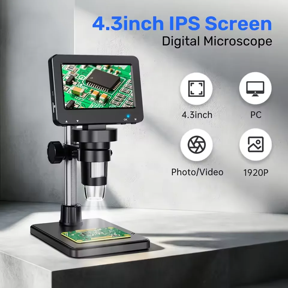 Digital Microscope with 4.3inch IPS Screen 1600X Coin Mirroscope with Lights 1920P HD Video Microscope for PCB, Coins, Plants