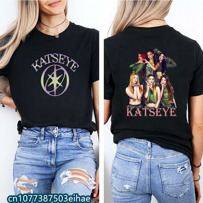 KATSEYE Retro Vintage Tee Fashion Korean K-pop Clothing Breathable 100% Cotton Loose Street Top for Teen Girls & Adult Ladies