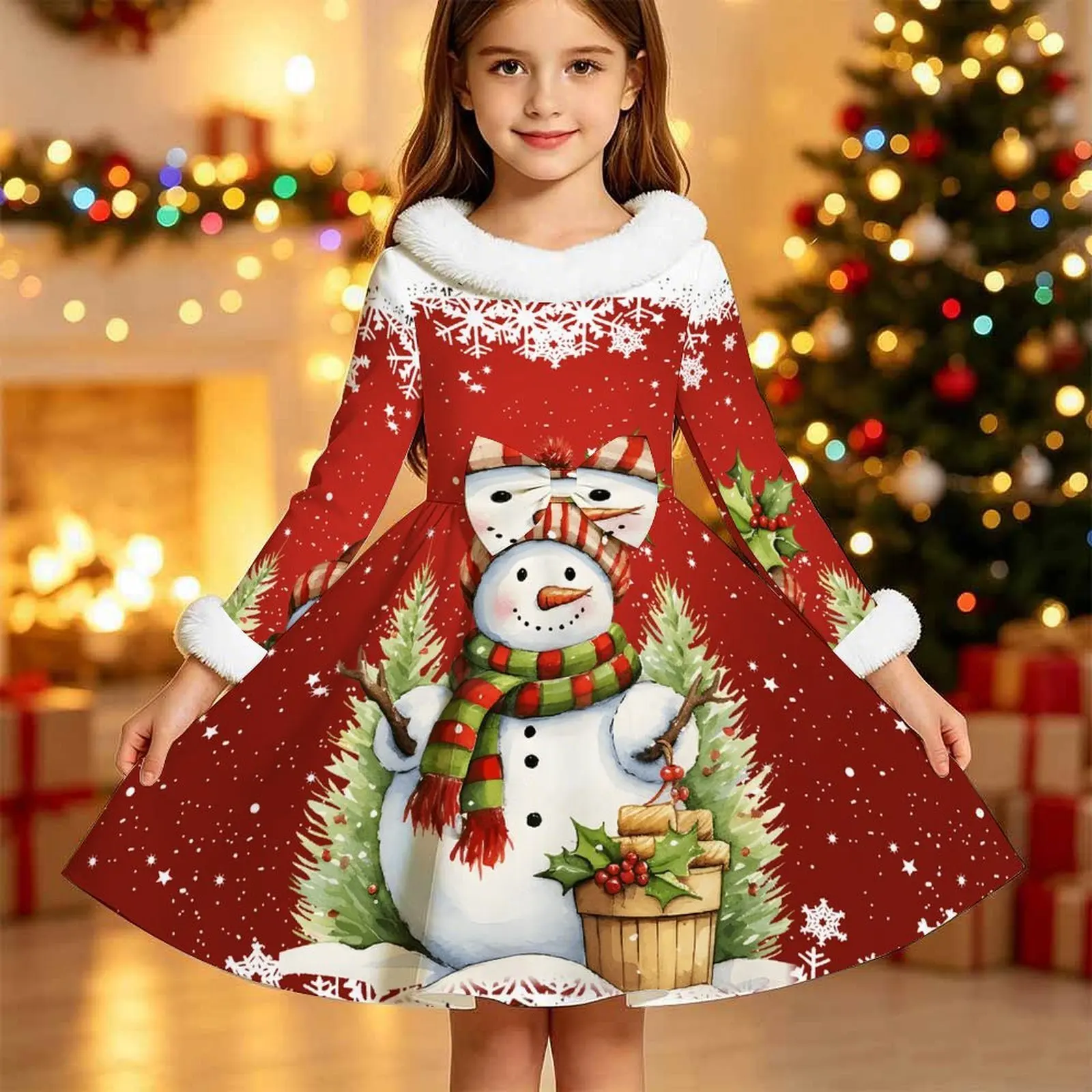 Women's Girls Cute Long-Sleeved Skirt Autumn Print Party Dress Christmas Knee-Length Skirt Winter With Fur Collar Princess Dress