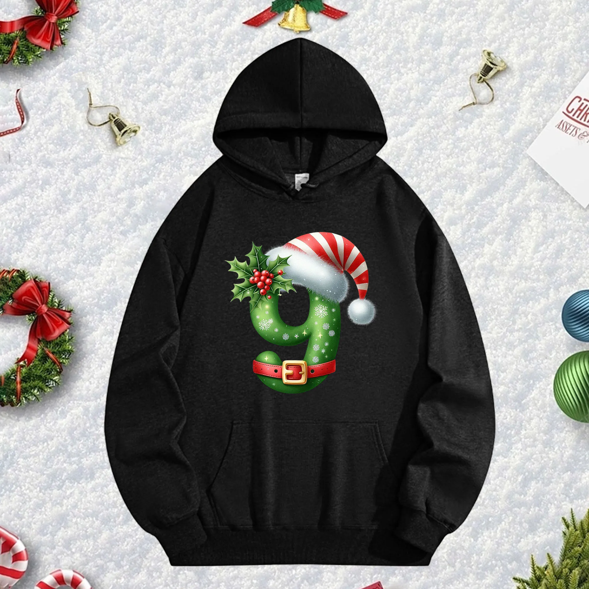 

Рождественская черная толстовка с капюшоном 9, 270 г для мужчин и женщин, уютный флисовый пуловер большого размера на осень/зиму, Рождество, Новый год
