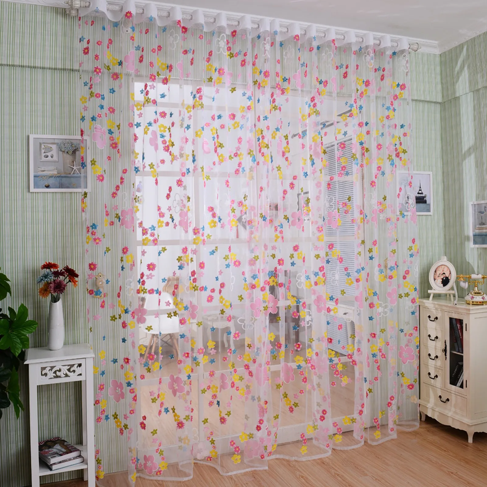 Rural Small Flowers Pattern Tulle Curtain Room Window Curtain Household Fashionable Printed Sheer Drapes Curtain