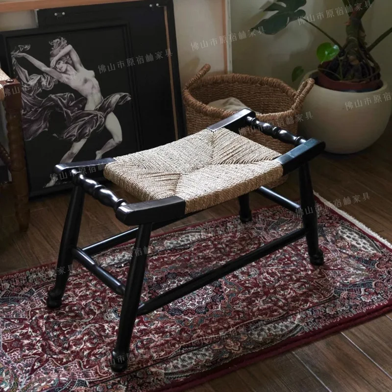 

Medieval straw rope small square rattan shoe changing entrance entrance small French black bedside