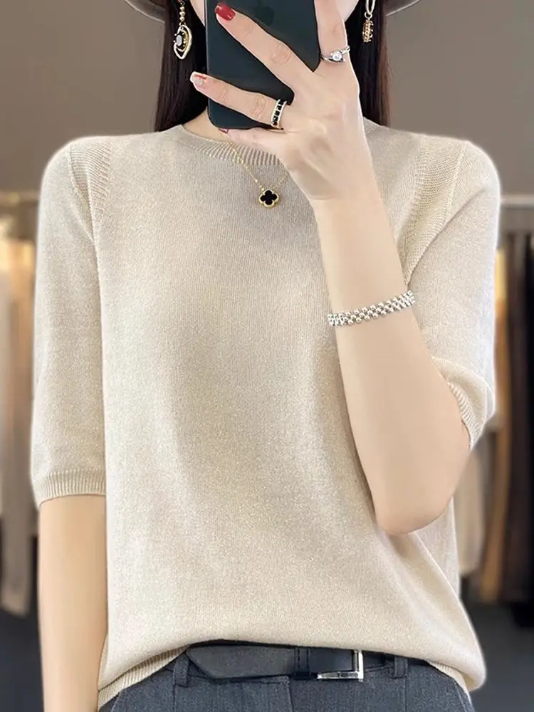 

High Quali Knitted ort Sve Women's Loose Overhead mid Sve Spring Summer Sl Thin Wool Inner Wear Base irt ro...