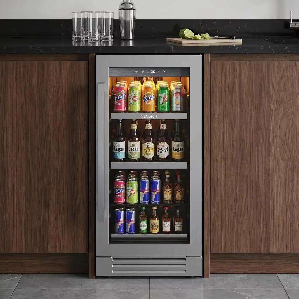 15 Inch 85L Beverage Refrigerator Cooler, 80 Cans Mini Fridge, 1‑12℃ Electronic Temperature Control Stainless Steel Door, For Home Bar Office Commercial Display
