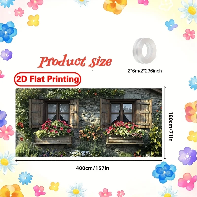 لافتة باب جراج كبيرة 2D Plan 1 - لافتة حفلات بتصميم جدار حجري وزهرة ملونة، مناسبة للمهرجانات