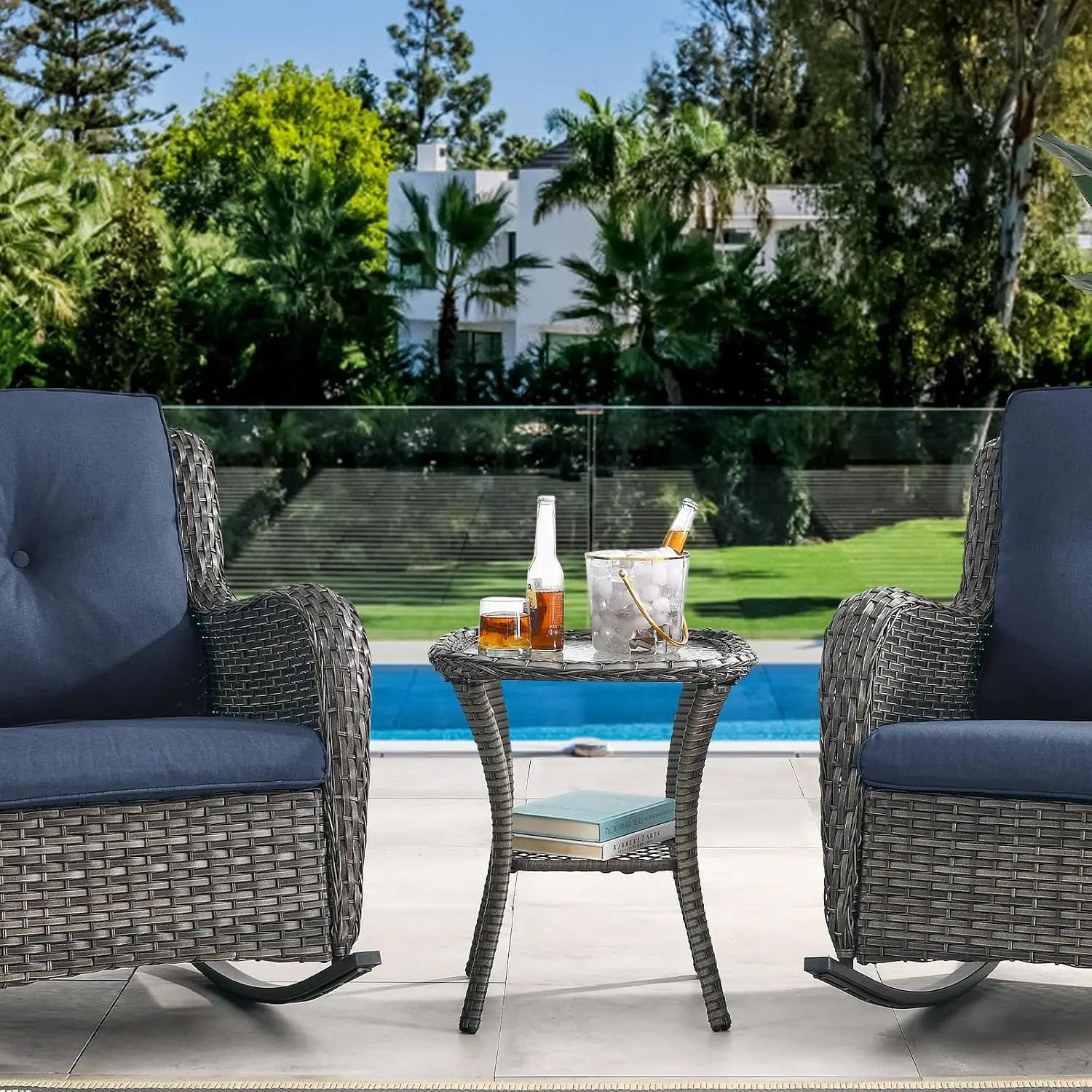 Small Outdoor Side Table - 50 LBS Weight Capacity Wicker Side Table with Storage, Tempered Glass Top Patio Side, Customized