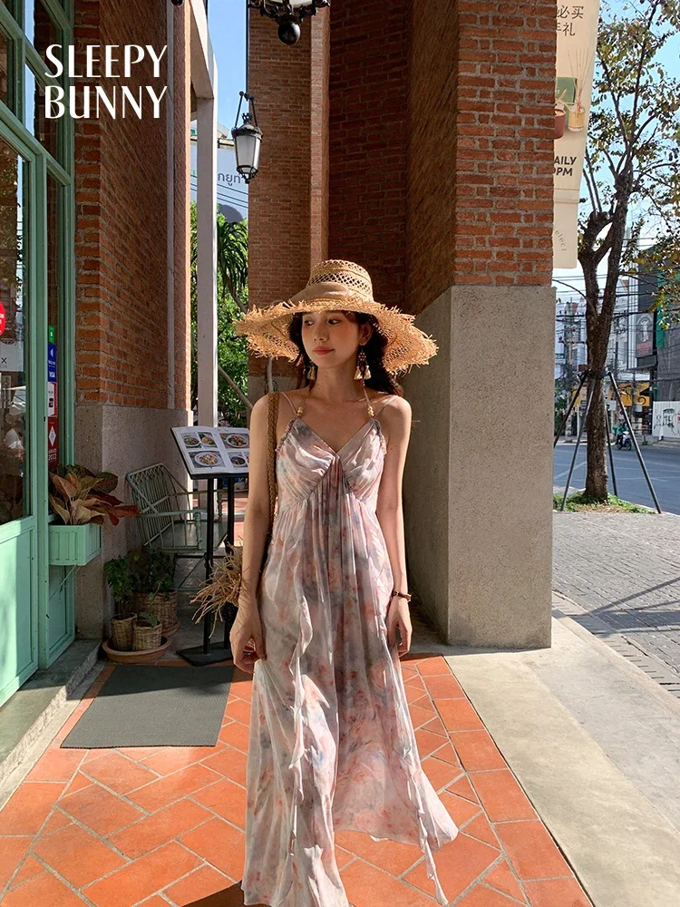 

Watercolor Print Spaghetti Strap Maxi Dress Women Summer Beach Holiday Flowy Long Sundress Elegant Sleeveless Vacation Outfit