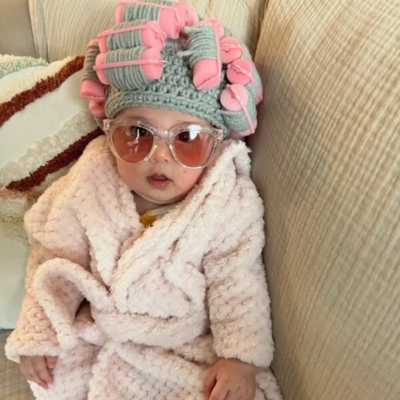 Soft Crochet Toddler Curler Hat Old Lady Costume Wig Baby Kids Dress Up Funny Granny Costume Photo Prop Halloween School Play