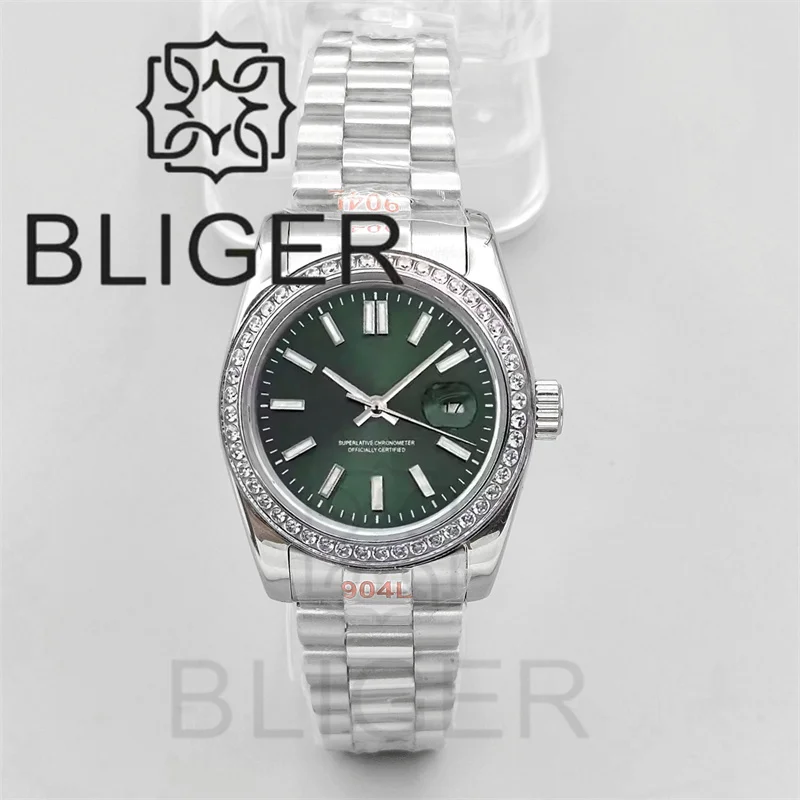 BLIGER 31mm Luxury Lady's Watch Decorated Diamond Bezel Sunburst Ice Sky Blue Dial Sapphire Glass Waterproof NH05 Movement Date