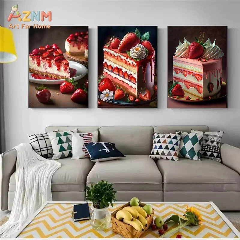 AZNM Delicious Chocolate Fruit Dessert Cake Food Photography Frameless Canvas Poster Bakery Cafe Kitchen Wall Art Decor