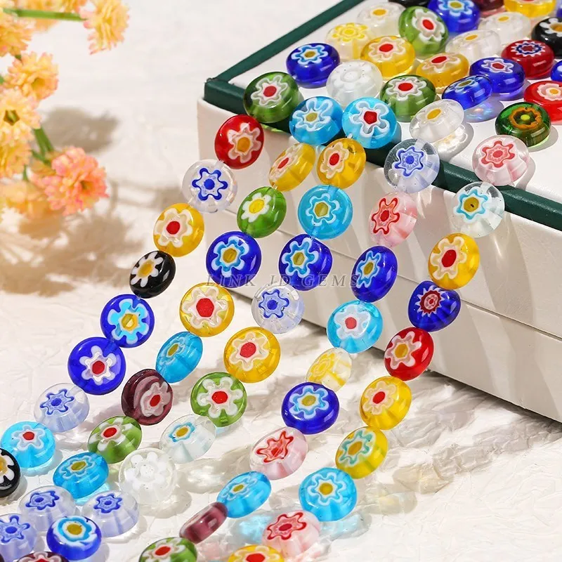 6 8 10mm Lampwork Flowers Beads Glazed Glass Flat Round Loose Spacer Beads for Jewelry Making DIY Bracelet Necklace Accessory