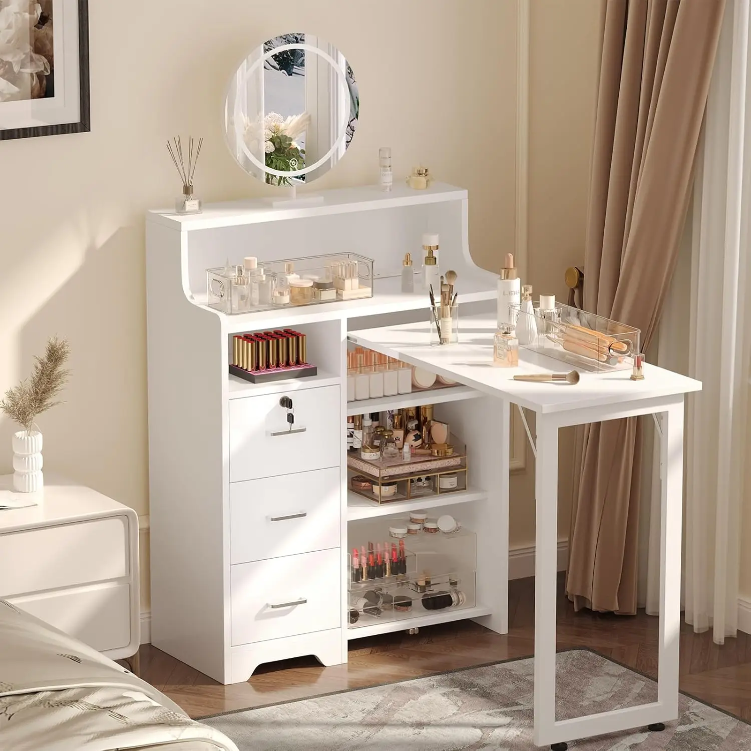 Foldable Nail Desk for Nail Tech, Portable Manicure Table, L Shape Nail Table with Power Outlets & Lockable Drawer, Customized