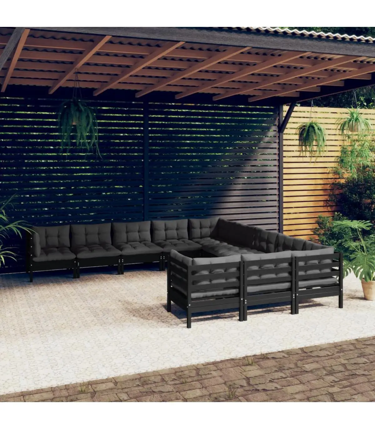 Garden sets garden furniture 11 PCs and cushions black pine wood